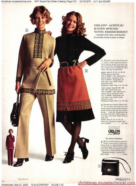 1971 Sears Fall Winter Catalog, Page 213 - Christmas Catalogs & Holiday Wishbooks Early 70s Fashion, 70 Fashion, Sears Catalog, 60s 70s Fashion, 60s And 70s Fashion, Fashion 1960s, 70s Outfits, Seventies Fashion, 70’s Fashion