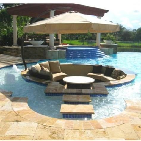 Dry sitting area in the middle of the pool--cool! Taman Air, Dream Pools, Pool Design, Dream Backyard, House Goals, Water Feature, Cool Pools, Sitting Area, Pool Designs