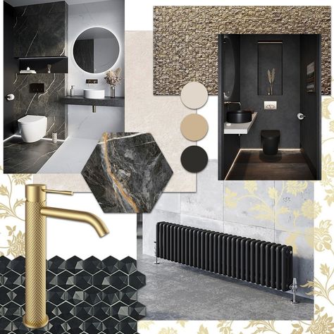 Get inspired with our moody glamour bathroom inspo!✨🖤 Sleek gold accents and textured tiles take black styling to the next level. #EasyBathrooms #MoodBoardMonday #MoodBoard #BathroomInspo #Tiles #BathroomDesign #HomeInspo #InteriorDesign #InteriorInspo #bathroominspo #moodyglamour #blackbathroom #goldaccents #texturedtiles Black Bathroom Moodboard, Bathroom Material Board, Collage Examples, Glamour Bathroom, Gold Interior Design, Bathroom Mood Board, Bathroom Color Palette, Glamour Interiors, Textured Tiles