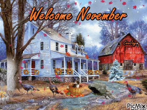 Welcome November Gif november hello november november quotes november gifs Village Tree, Terry Redlin, White Colonial, Turkey Art, Farm Paintings, Country Barns, Nostalgic Art, Farm Art, Old Farm Houses