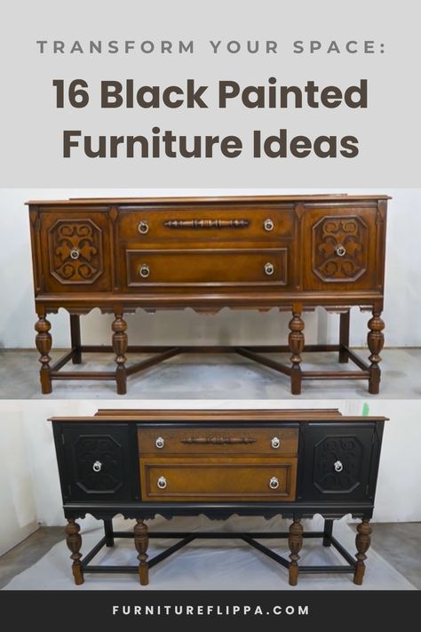 Transform your space with 16 black painted furniture ideas. Learn how to use black paint to create striking, elegant pieces that make a statement in any decor. Painted Sofa Table Ideas, Black French Provincial, Painted Furniture Ideas, Painted Sofa, Black Painted Furniture, Buffet Makeover, Painted Buffet, Staining Furniture, Black Chalk Paint