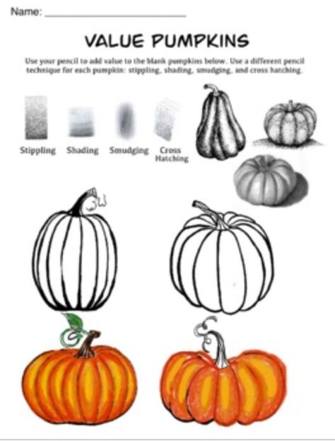 Pumpkin Value Art Lesson, Shading Pumpkins, Shading Projects, Shading Lesson, Practice Shading, Line Art Projects, Rodeo Art, Holiday Art Projects, Elementary Art Rooms