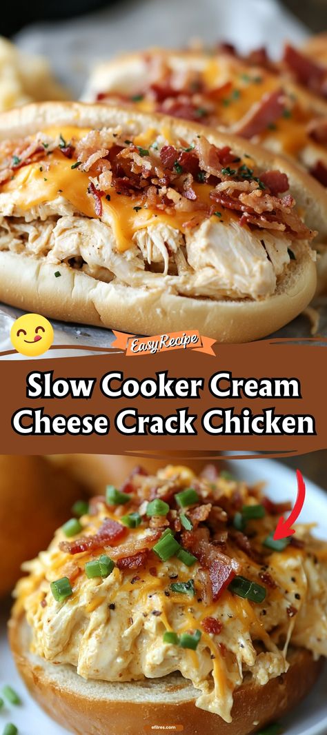 Slow Cooker Cream Cheese Crack Chicken Chicken Bacon Ranch Sandwich Slow Cooker, Recipes With Cream Cheese Dinner, Chicken Bacon Ranch Crockpot, Slow Cooker Chicken Bacon Ranch, Slow Cooker Chicken Breast Recipes, Ranch Crockpot, Chicken Recipes With Cream Cheese, Slow Cooker Chicken Breast, Crock Pot Sandwiches