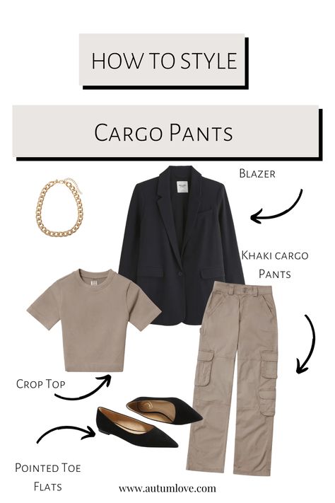 Cargo pants paired with an oversized blazer for a chic look. Cargo Pants With Blazer, Blazer With Cargo Pants, Blazer Cargo Pants, Cargo Pants Outfit Winter, Beige Cargo Pants Outfit, What To Wear With Cargo Pants, Beige Cargo Pants, How To Style Cargo Pants, Black Chucks