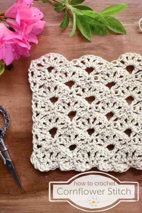 How to Crochet: Cornflower Stitch | Crochet Video Tutorial for Beginners | Stitch Explorer Series – Stardust Gold Crochet Crochet Cornflower, Gold Crochet, Foundation Single Crochet, Crochet Stitches Free, Easy Crochet Stitches, Shell Stitch, Stitch Crochet, Crochet Videos Tutorials, Double Crochet Stitch