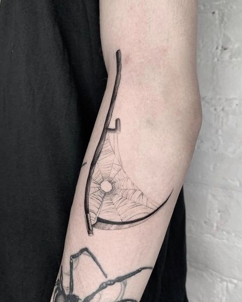 Scythe Tattoo Design, Scythe Tattoo, Underground Tattoo, Line Work Tattoo, Dot Work Tattoo, Fine Line Tattoos, Forearm Tattoo, Tattoo Ideas Design, Angel Tattoo Men