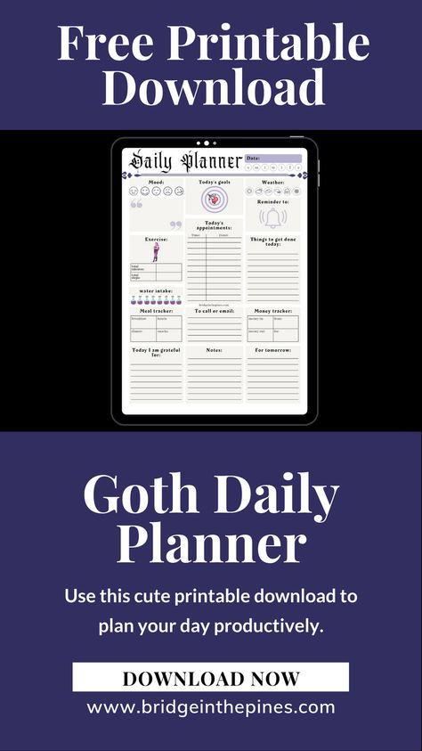 Free Printable Download - Goth Daily Planner. Shows a gothic style planner page. Witch Planner Free Printable, Daily Planner Download, Journal Printables Free, Daily Agenda, Witchy Goth, Plan Your Day, The Pines, Finance Planner, Planner Set