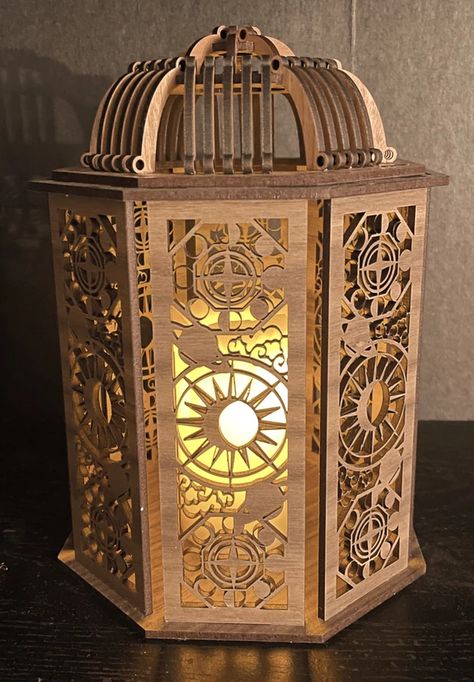 Laser Cut Wood Jewelry, Celestial Pattern, Laser Cut Lamps, Wood Laser Ideas, Diy Laser Cut, Walnut Plywood, Laser Cut Box, Laser Cut Wood Crafts, Lantern Design