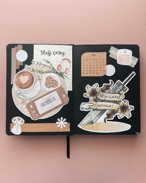 cozy gaming bujo gamer bulletjournal final fantasy journal spread journaling theme collage Fantasy Bujo Theme, Fantasy Journal, Bujo Spreads, Cozy Gaming, Game Themes, Bullet Journal Themes, Journal Themes, Moleskine, Journal Ideas