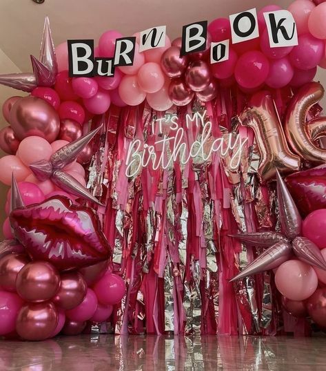 Thank You Next Birthday Party, Burn Book Party Theme, Pink Party Aesthetic Ideas, Y2k Club Birthday Party, Hot Pink Birthday Party Aesthetic, B Day Party Ideas Decoration, Burn Book Birthday Party, Girly Party Themes, 7 Rings Party