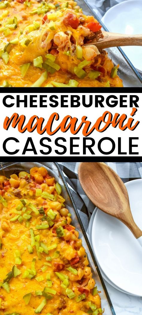 This delicious cheeseburger macaroni casserole made with ground beef, macaroni, cheddar cheese, onions, tomatoes, and dill pickles is sure to become a family favorite! #casserole #casserolerecipes #cheeseburgermacaroni #familydinner #dinnerideas Dill Pickle Casserole, Cheeseburger Casserole With Pickles, Cheeseburger Macaroni Casserole, Cheese Burger Macaroni, Ground Beef Macaroni, Casserole Meals, Pickle Pie, Cheeseburger Casserole Recipe, Cheeseburger Macaroni