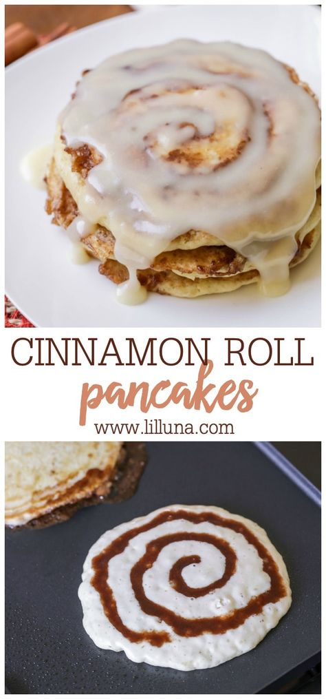 Fancy Pancakes Ideas, Cinnamon Swirl Pancakes, Fancy Sweets, Cinnamon Roll Pancakes Recipe, Breakfast Cinnamon, Breakfast Diner, Pancakes Vegan, Cinnamon Roll Pancakes, Pancakes Breakfast