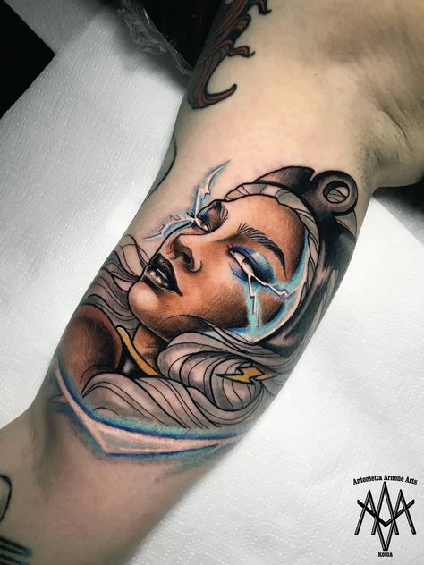 Storm Marvel Tattoo, Marvel Storm Tattoo, X Men Storm Tattoo, Xmen Storm Tattoo, Storm X Men Tattoo, X Men Tattoo Ideas, Storm Xmen Tattoo, Xmen Comic Art, X Men Tattoo