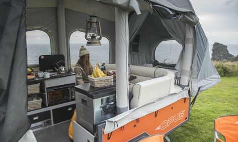 Opus Camper, Tent Trailer Camping, Innovation Architecture, Pop Up Trailer, Trailer Tent, Off Road Camping, Camper Shells, Tiny Camper, Off Road Trailer