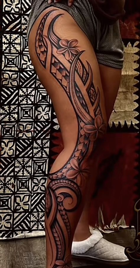 Water Tattoos For Women Waves, Samoan Tattoo Thigh, Samoan Leg Tattoo For Women, Poly Tattoos For Women, Polynesian Leg Tattoos Women, Mexican Trible Tattoos, Polynesian Tattoo Designs Leg, Micronesian Tattoos, Tamoko Women Maori Tattoos