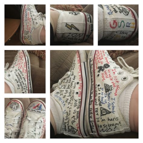 Quotes and Lyrics from Fall Out Boy, My Chemical Romance, Twenty Øne Piløts, All Time Low and Harry Potter. Fabric markers on white converse. Hand-drawn Doodles On White Converse, Customized White Converse, White Converse Drawn On, Written On Converse, White Converse Drawing On Shoes, White Converse Custom Ideas, Drawing On White Converse, Converse Drawn On, Drawn On Converse Grunge