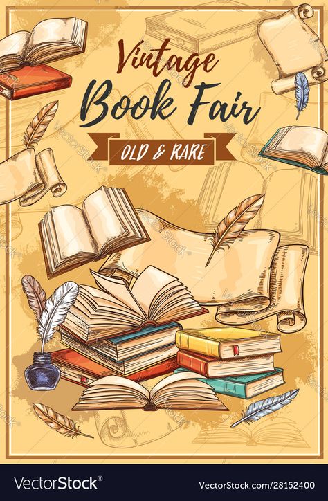 Book Fair Drawing, Book Fair Poster Ideas, Book Festival Illustration, Book Fair Poster, Ink And Quill, Coffee Bookstore, September Coffee, Ticket Drawing, Book Fair Nostalgia