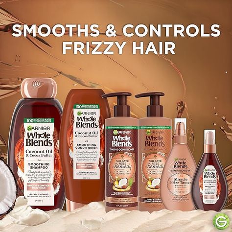 #shampoo #conditioner #coconutoil #cosmetics Whole Blends Shampoo, Control Frizzy Hair, Garnier Whole Blends, Kit Packaging, Coconut Oil Shampoo, Coconut Conditioner, Hair Care Kit, Whole Blends, Coconut Shampoo