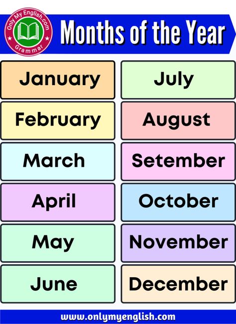 List of 12 Months of the year 12 Month Name In English, Months In English, Name Of Months, Colouring Activities, Vocabulary Ideas, Month Name, Basic English Grammar Book, Biology Diagrams, 12 Months Of The Year