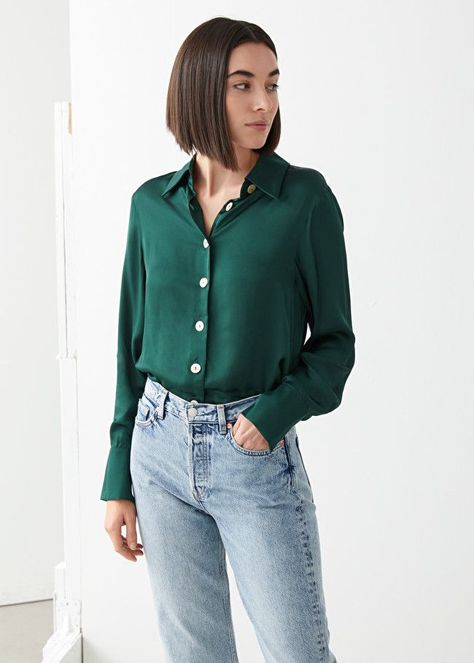 The 8 Best Basics for Women Over 50 | Who What Wear UK Dark Green Shirt, Women Over 50, Satin Blouse, Green Shirt, Shirt Outfit, Over 50, Dark Green, Blouses, Satin