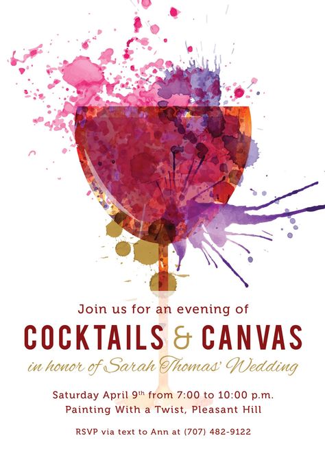 "Painting Party Invitation, Paint and Sip Invite, Cocktails and Canvas Email, Wine and Design PDF, Paint Fundraiser Flyer, Paint Event SVG --- Your time is valuable! Don't spend it designing an invitation when it can be done for you. This is not a template--you provide the text of your choice and it is professionally laid out for you with adjustments made for your circumstances. After proofs between us, this invitation is emailed to you ready to print with your text. Print right from your desk o Paint Invitation, Creative Invitation Design, Wine Invitation, Fundraiser Invitation, Painted Invitations, Wine And Painting Party, Cocktail Party Invitation, Sip And Paint, Invitation Frames