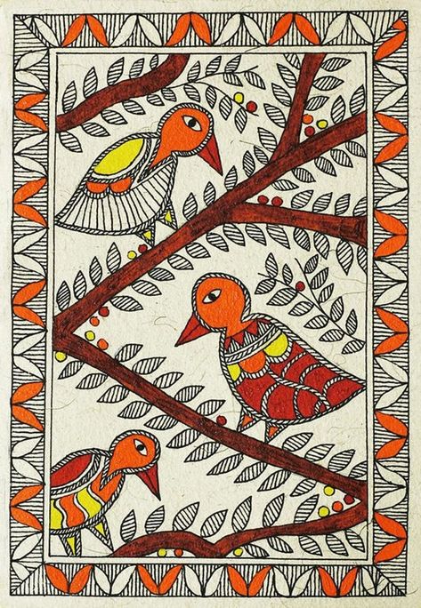 Diy Branches, Madhubani Designs, Cardinal Logo, Madhubani Paintings Peacock, Mithila Art, Lovely Paintings, Worli Painting, Drawing Birds, Warli Painting