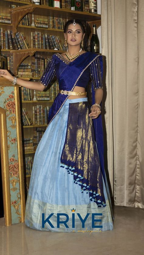 Silk Lehenga Half Saree Pallu Styles, Dark Blue Half Saree, Dark Blue Combination Dress, Dark Blue Combination Outfit, Dark Blue Colour Combinations, Dark Blue Saree Blouse Combination, Half Saree Lehenga Color Combinations, Function Saree, Lehenga Color Combinations