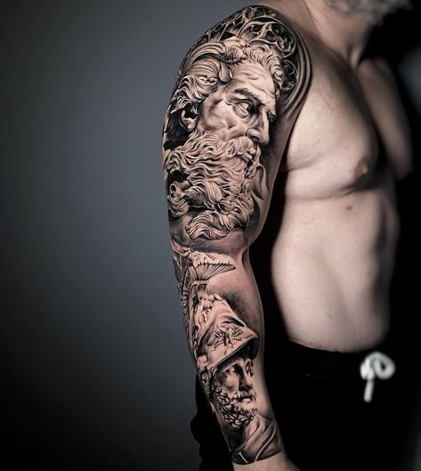 Ares Tattoo God, Zeus Shoulder Tattoo, Ares Tattoo For Men, Ares God Tattoo, Roman Gladiator Tattoo Design, Greek God Sleeve, Ares Tattoo Design, Zeus Tattoo Design, Ares Tattoo