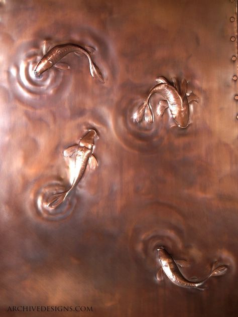 Copper Koi fish repoussé by Laurie Cox for Archive Designs.This was one side of a island kitchen hood. Metallic Sculpture, Relief Carving, Metal Embossing, Copper Design, Metal Forming, Metal Smithing, Metal Working Projects, Copper Art, Forging Metal