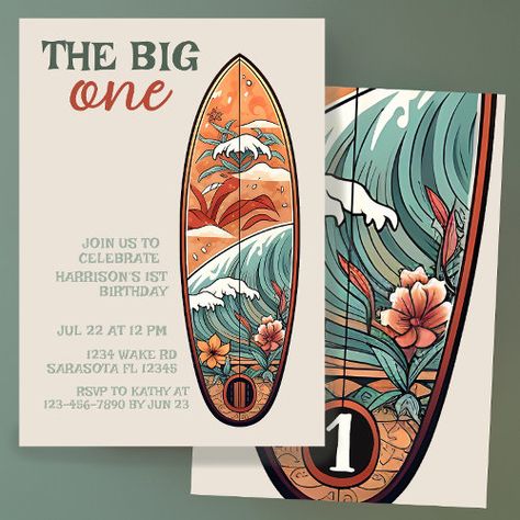 $2.92 | The Big One Tropical Hawaiian Surf Birthday | Birthday Invitations | the big one, tropical, hawaiian, surf birthday, surf board, water sports, beach, tiki, pool party, generativecontent Tiki Pool Party, Surfboard Party, First Birthday Invites, Luau Party Invitations, Surf Birthday, Sports Birthday Invitations, Theme First Birthday, Surf Party, Diy Birthday Invitations