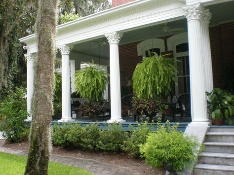 Front Porch Hanging Baskets, Porch Hanging Baskets, Pergola Front Porch, Front Porch Landscape, Small Garden Design Ideas, Porch Shades, Front Porch Plants, Hanging Ferns, Southern Porches