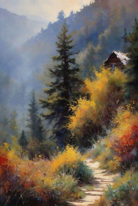 Autumn Cabin, Fall Landscape Painting, Beautiful Landscape Paintings, Watercolor Art Landscape, Oil Pastels Painting, Oil Painting Inspiration, Landscape Art Painting, Autumn Scenery, Nature Art Painting