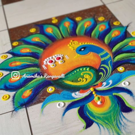 A splash of color and devotion: peacock Rangoli and Side Entrance Decoration for Maa no Satsang/Anand No Garba🔱🪔✨🦚 #ColorfulArt #SpiritualJourney #MaaDurgaBlessings #peacockpatterns #Maanosatsang Rangoli Of Peacock, Peacock Rangoli Designs, Poster Rangoli, Lotus Rangoli, Diwali Poster, Entrance Decoration, Side Entrance, Peacock Rangoli, Rangoli Designs Photos