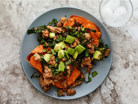 Baked Sweet Potato With Ground Turkey, Kale, and Avocado Recipe | SELF Healthy Baked Potatoes, Avocado Recipe, Avocado Health Benefits, Baked Potato Recipes, Kale Recipes, Baked Sweet Potato, Ground Turkey Recipes, Avocado Recipes, Healthy Ingredient