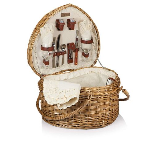 Picnic Time Heart Willow Picnic Basket With Deluxe Service For 2 Wine Picnic Basket, Hand Blown Wine Glasses, Picnic Basket Set, Wine Picnic, Wicker Picnic Basket, Romantic Picnics, Picnic Set, Picnic Time, Cadeau Couple