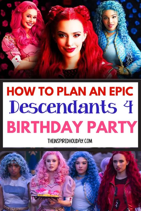 Descendants 4 is already all the rage and kids all over are wanting a Rise of Red birthday party. You might think planning a Descendants 4 birthday is impossible but I got your back. With this guide you will be able to plan the Rise of Red birthday of your little Descendants fans dreams! Descendants Rise Of Red Party Decor, Descendants Invitations Free, Rise Of Red Cake Ideas, Descendents Birthday Party Ideas, Descendants Cupcake Ideas, Party Area Design, Descendants Themed Food, Rise Of Red Party Ideas, Descendants Cake Pops