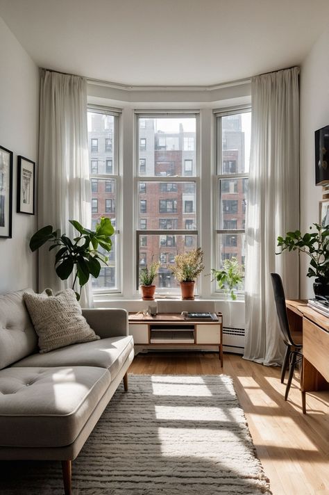 Bright living room with Scandinavian décor, featuring a beige sofa, wooden furniture, potted plants, and large bay windows.