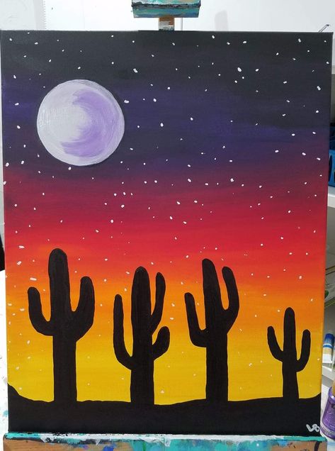 I love this painting that I made. ❤️ Slay Bracelets, Easy Cactus Painting, Guided Painting, Cactus Silhouette, Birdhouse Ideas, Kids Canvas Painting, Kids Painting Crafts, Art In The Park, Cactus Painting