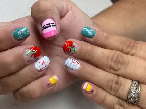 Teacher Graduation Nails, Back To School Gel Nails Ideas, Teacher Theme Nails, Crayon Nail Art, Teacher Inspired Nails, Back To School Manicure, Kindergarten Teacher Nails, Teacher Gel Nails, Teacher Acrylic Nails