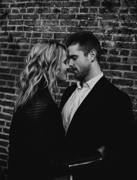 Seattle engagement shoot brick wall Brick Wall Engagement Pictures, City Engagement Shoot, Creative Couples Photography, Aesthetic 2023, Brick Background, Engagement Inspo, City Engagement, Posing Guide, Engagement Photo Poses