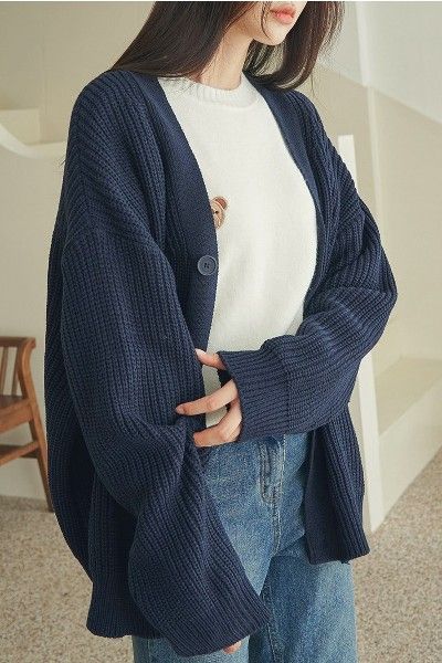 Women's Cardigans | Shop Korean & Global Fashion Online | KOODING Dark Blue Cardigan Outfit Aesthetic, Blue Cardigan Aesthetic, Clothing Styles Korean, Oversized Cardigan Outfit Aesthetic, Dark Blue Cardigan Outfit, Oversize Cardigan Outfit, Korean Cardigan Outfits, Blue Outfit Ideas Casual, Big Cardigan Outfit