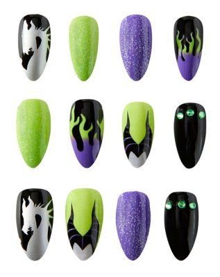 Make your fingertips look totally powerful with these official Disney Villains Maleficent Press On Nails! These nails feature Maleficent along with purple and green designs. Show off your evil side with these fun Maleficent nails! Officially licensed Includes: 24 press on nails Ingredients: Water/eau, polymethyl methacrylate Imported Note: Do not use on broken, blemished or sensitive skin. See packaging for more information. Maleficent Nails, Disney Princess Nails, Holloween Nails, Gothic Nails, Amazing Nails, Disney Villain, Nail Art Disney, Disney Nails, I'm Bored