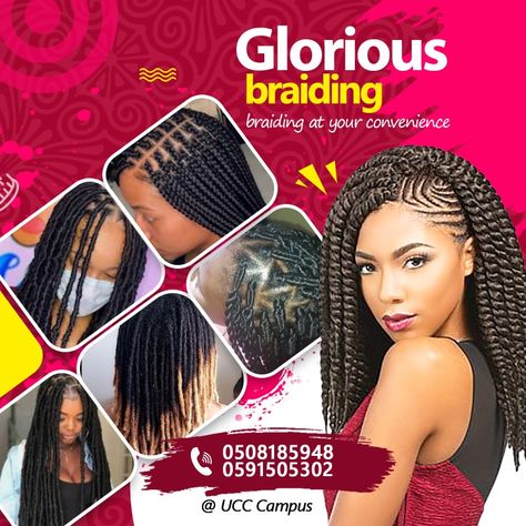 Glorious braiding, hair dressing Hair Dressing Salon Design, Hair Dressing Flyer Design, Braids Flyer Design, Hair Dressing Salon Ideas, Salon Poster Design, Hair Flyers Ideas, Offer Post Design, Hair Poster Design, Flyers Ideas