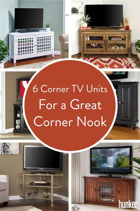 Whether it's your living room, bedroom, or media room here are six corner TV units that are optimally designed for your television viewing. Corner Television Ideas Living Rooms, Under Tv Corner, Corner Mount Tv Living Room, Corner Tv Bedroom, Corner Tv Ideas Living Room Layout, Living Room Corner Ideas Next To Tv, Tv Corner Ideas Living Room, Corner Tv Cabinet Ideas, Corner Tv Mounting Ideas