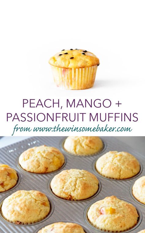 WELLINGTON BAKEHOUSE - Peach, Mango + Passionfruit Muffins Passionfruit Muffins, Mango Muffins, Basic Muffin Recipe, Mango Passionfruit, Passionfruit Recipes, Fruit Muffins, Peach Muffins, Sweet Treats Desserts, Sweet Muffin