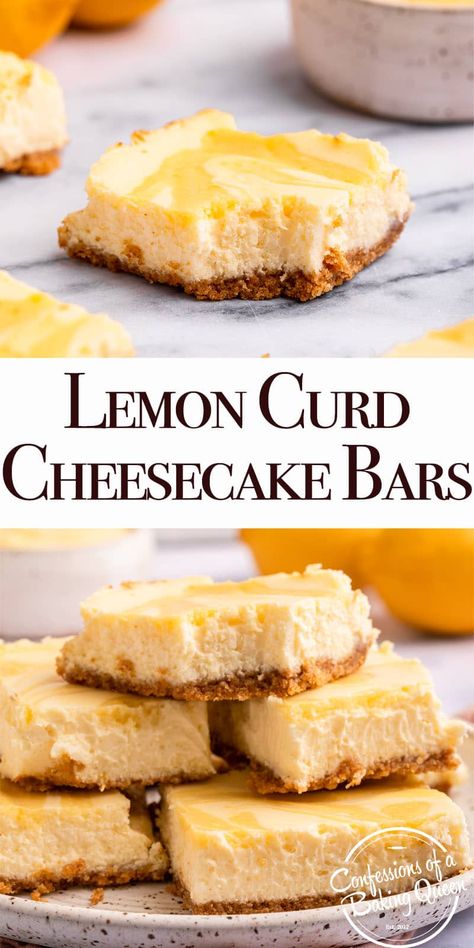 Are you a lemon lover looking for the perfect sweet treat to add to your recipe arsenal? Look no further. Sweet, tangy, creamy lemon cheesecake filling swirled with dollops of bright, flavorful lemon curd sits on top of a classic Graham Cracker crust in these glorious lemon cheesecake bars. Lemon Curd Cheesecake Bars, Lemon Bar Recipes, Chocolate Bar Recipes, Fruity Cheesecake, Lemon Cheesecake Filling, Lemon Dinner, Lemon Cake Recipes, Vanilla Cheesecake Recipes, Lemon Curd Cheesecake