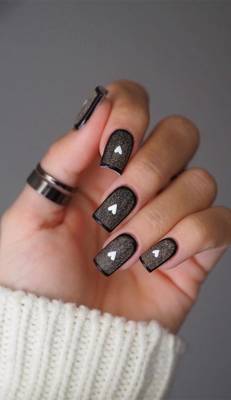 Black Nails With A White Heart, Black Nail Heart Design, French Manicure With Black Heart, Black Hearts Nail Art, Black Heart Manicure, Border Nails, Fur Nails, Nail Color Trends, Black And White Heart