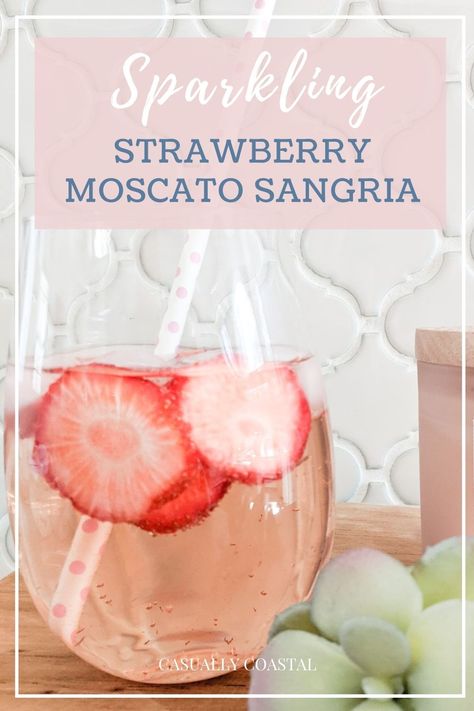 Moscato Sangria Recipes, Moscato Drinks, Strawberry Moscato, Moscato Sangria, Bridal Shower Drinks, Bridal Shower Cocktails, Pink Sangria, Strawberry Sangria, Easter Cocktails