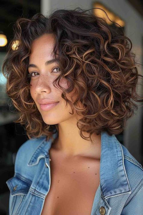 A lively bob featuring bouncy caramel curls with rich, dimensional tones Color Curly Hair Ideas, Short Curly Hairstyles Side Part, Curly Bob Highlights, Short Curly Hair Balayage, Ombre Hair Caramel, Caramel Curly Hair, Short Curly Hair Cuts, Caramel Curls, Bob Haircuts For Curly Hair