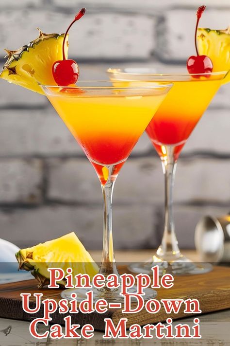 The Pineapple Upside-Down Cake Martini is a delightful cocktail that brings the sweet and fruity flavors of the classic dessert to your glass. This refreshing drink combines vanilla vodka, triple sec, lime juice, pineapple juice, and grenadine syrup, creating a perfectly balanced and delicious beverage. Pineapple Upside Down Cake Martini, Pineapple Upside Down Martini, Triple Sec Drinks, Vanilla Vodka Drinks, Cocktail Shoot, Winter Vodka Cocktails, Cake Martini, Grenadine Syrup, Vodka Cocktails Easy